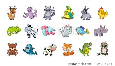 Animals Cute Doodle Set Vector Color Illustration Isolated on White Background 104204774