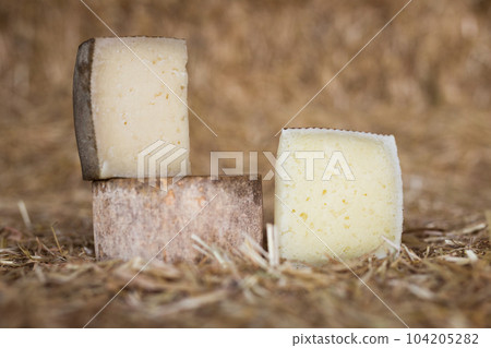 whole head of ripe country cheese and slices on hay whole head of ripe country cheese and slices on hay 104205282