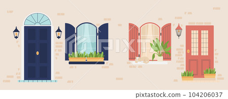 Set of vintage front doors and windows with shutters. Brick wall and windows. Set of vintage front doors and windows with shutters. Brick wall and windows. 104206037