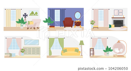 Contemporary home decor flat color vector illustration set. Living room and home office 104206050