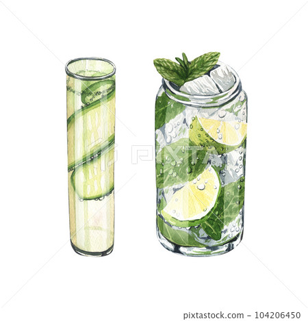 Watercolor mojito summer refreshing cocktail mint leaves and cucumber water. Hand-drawn illustration isolated on white background. Perfect for recipe lists with alcoholic drinks, brochures for cafe Watercolor mojito summer refreshing cocktail mint leaves and cucumber water. Hand-drawn illustration isolated on white background. Perfect for recipe lists with alcoholic drinks, brochures for cafe 104206450
