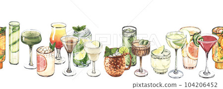 Watercolor cocktail glasses seamless banner: martini, gin, wine, margarita, goblet, liquor, rum. Hand-drawn illustration isolated on white background. Perfect for recipe lists with alcoholic drinks Watercolor cocktail glasses seamless banner: martini, gin, wine, margarita, goblet, liquor, rum. Hand-drawn illustration isolated on white background. Perfect for recipe lists with alcoholic drinks 104206452