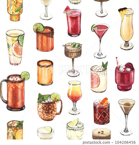 Watercolor seamless pattern, cocktail glasses: martini,liquor,rum,moscow mule. Hand-drawn illustration isolated on white background. Perfect for recipe lists with alcoholic drinks, for cafe Watercolor seamless pattern, cocktail glasses: martini,liquor,rum,moscow mule. Hand-drawn illustration isolated on white background. Perfect for recipe lists with alcoholic drinks, for cafe 104206456