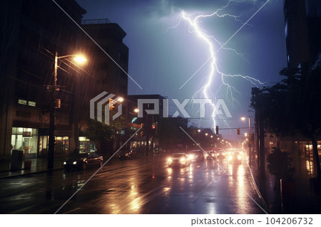 暴雨雷電的夜晚城市:人工智能生成的圖像 暴雨雷電的夜晚城市:人工智能生成的圖像 104206732