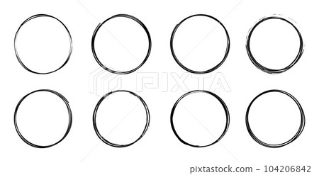 Doodle line circle. Circular scribble, artistic round illustration elements in hand drawn style. 104206842