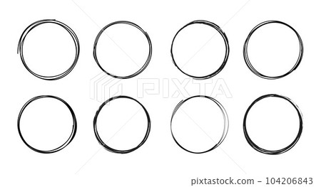 Doodle line circle. Circular scribble, artistic round illustration elements in hand drawn style. 104206843