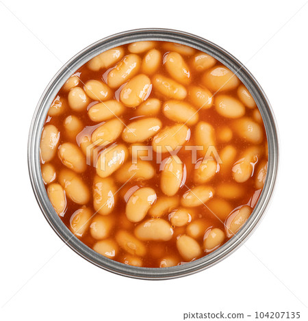 Canned baked beans in tomato sauce, in open can, from above. Dish made of white beans, cooked through a steam process. Convenience food, eaten hot or cold, served alongside barbecue foods and picnics. 104207135