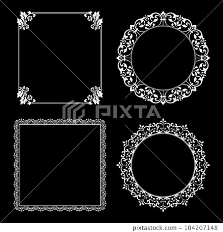 Set of decorative frames Elegant vector element for design in Eastern style, place for text. Floral black and white borders. Lace illustration for invitations and greeting cards. 104207148