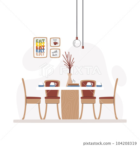 Cozy home dining zone interior scene and tea time Cozy home dining zone interior scene and tea time 104208319