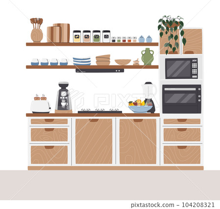 Country kitchen set design with built-in appliances Country kitchen set design with built-in appliances 104208321