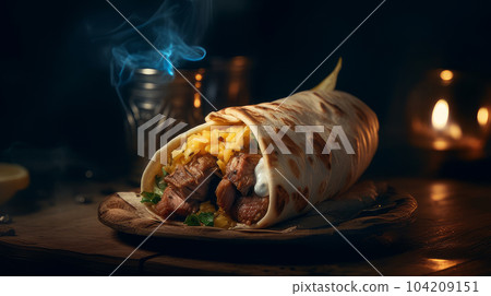shawarma, fast food with vegetables and meat. Generative AI 104209151