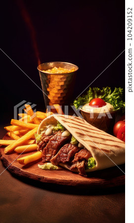 shawarma, fast food with vegetables and meat. Generative AI shawarma, fast food with vegetables and meat. Generative AI 104209152