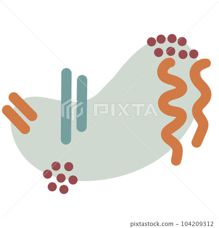 Hand drawn illustration with abstract mid century modern shapes. Vintage neutral geometric blobs circles with brown dots lines curves, faded beige grey graphic design poster, doodle background social 104209312