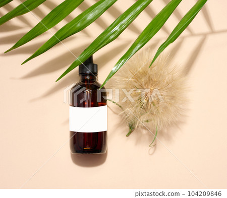Brown glass bottle with a pipette, a container for aromatic oils and cosmetics, top view Brown glass bottle with a pipette, a container for aromatic oils and cosmetics, top view 104209846