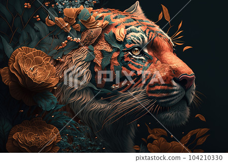 Image of a tiger surrounded by colorful tropical flowers. Wildlife Animals. Illustration, Generative AI. 104210330