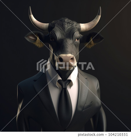 Image of a bull businessman wearing a suit on clean background. Wildlife Animals. Illustration, generative AI. Image of a bull businessman wearing a suit on clean background. Wildlife Animals. Illustration, generative AI. 104210331