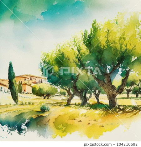 Olive plantation with old olive trees in Italy watercolor illustration. Summer landscape. Olive plantation with old olive trees in Italy watercolor illustration. Summer landscape. 104210692