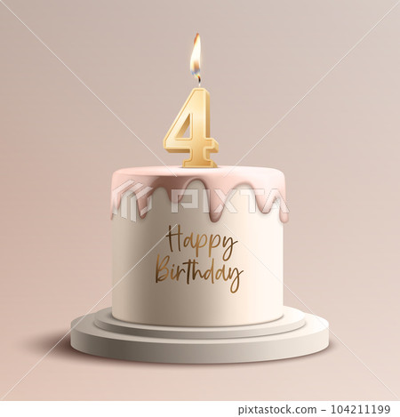 Four Years. Vector Birthday Anniversary Sweet Cake. Greeting Card, Banner with 3d Realistic Burning Golden Birthday Party Candle, Number, Flame. Icon Design Template for Birthday Concept. Front View Four Years. Vector Birthday Anniversary Sweet Cake. Greeting Card, Banner with 3d Realistic Burning Golden Birthday Party Candle, Number, Flame. Icon Design Template for Birthday Concept. Front View 104211199