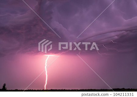 Ray. Lightning storm. Lightning bolt storm. Fork lightning striking. Lightning thunderstorm flash over the night sky. Concept on topic weather, cataclysms (hurricane, Typhoon, tornado, storm). 104211331