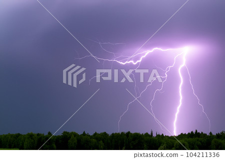 Ray. Lightning storm. Lightning bolt storm. Fork lightning striking. Lightning thunderstorm flash over the night sky. Concept on topic weather, cataclysms (hurricane, Typhoon, tornado, storm). Ray. Lightning storm. Lightning bolt storm. Fork lightning striking. Lightning thunderstorm flash over the night sky. Concept on topic weather, cataclysms (hurricane, Typhoon, tornado, storm). 104211336