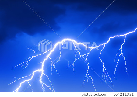 Ray. Lightning storm. Lightning bolt storm. Fork lightning striking. Lightning thunderstorm flash over the night sky. Concept on topic weather, cataclysms (hurricane, Typhoon, tornado, storm). 104211351