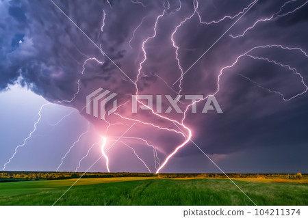 Ray. Lightning storm. Lightning bolt storm. Fork lightning striking. Lightning thunderstorm flash over the night sky. Concept on topic weather, cataclysms (hurricane, Typhoon, tornado, storm). 104211374