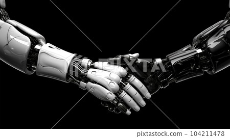 Handshake of two robots, cybersecurity concept, meeting in the future, fantasy world Handshake of two robots, cybersecurity concept, meeting in the future, fantasy world 104211478