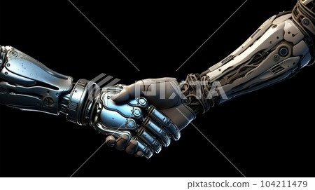 Handshake of two robots, cybersecurity concept, meeting in the future, fantasy world 104211479