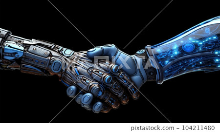 Handshake of two robots, cybersecurity concept, meeting in the future, fantasy world 104211480