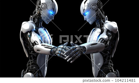 Handshake of two robots, cybersecurity concept, meeting in the future, fantasy world Handshake of two robots, cybersecurity concept, meeting in the future, fantasy world 104211481