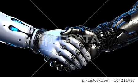 Handshake of two robots, cybersecurity concept, meeting in the future, fantasy world Handshake of two robots, cybersecurity concept, meeting in the future, fantasy world 104211483