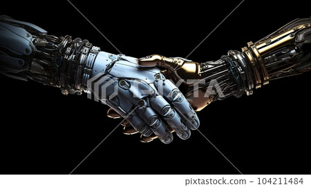 Handshake of two robots, cybersecurity concept, meeting in the future, fantasy world Handshake of two robots, cybersecurity concept, meeting in the future, fantasy world 104211484