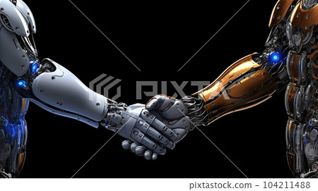 Handshake of two robots, cybersecurity concept, meeting in the future, fantasy world 104211488
