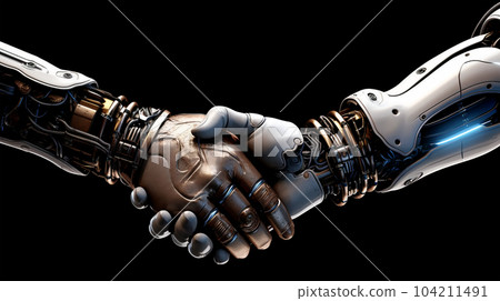 Handshake of two robots, cybersecurity concept, meeting in the future, fantasy world Handshake of two robots, cybersecurity concept, meeting in the future, fantasy world 104211491