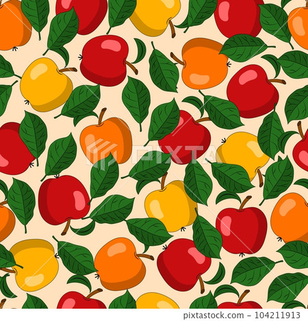 Seamless pattern with ripe apples, green leaves 104211913