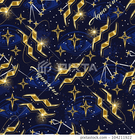 Seamless pattern with golden icon of zodiac sign Aquarius, constellation with stars, text, third eye, all seeing eye on blue background. Esoteric concept. For prints, clothing, t shirt, surface design Seamless pattern with golden icon of zodiac sign Aquarius, constellation with stars, text, third eye, all seeing eye on blue background. Esoteric concept. For prints, clothing, t shirt, surface design 104211922