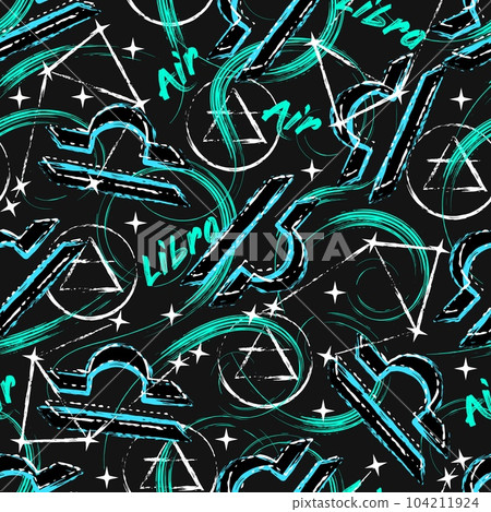 Seamless pattern with zodiac sign Libra, constellation, text, paint splatter, brush strokes, alchemical triangle symbol of air element Grunge style for sport goods, prints, clothing, surface design 104211924