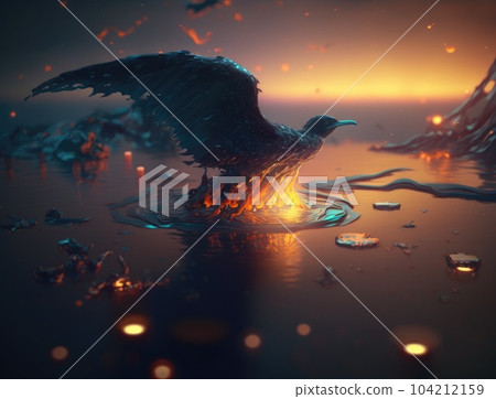 Bird stained with oil. Pollution of environment illustration. Oil spill in ocean highlighting the harmful effect. Generative AI 104212159