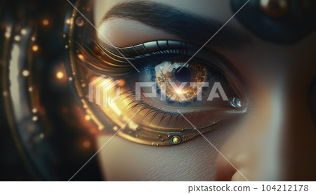 Close up view of eye with futuristic interface to display data. Augmented reality, future technology, internet concept. Close up view of eye with futuristic interface to display data. Augmented reality, future technology, internet concept. 104212178