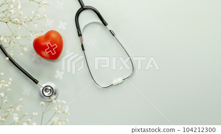 Red heart love shape hand exercise ball with stethoscope on blue background with flowers. Health care, organ donation, love and family insurance concept, world heart day. Flat lay, copy space Red heart love shape hand exercise ball with stethoscope on blue background with flowers. Health care, organ donation, love and family insurance concept, world heart day. Flat lay, copy space 104212300