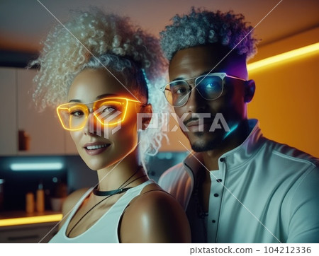 Beautiful Multiethnic Couple in Casual Outfits and Futuristic Neon Glowing Glasses, Dance and Have a Party at Home Beautiful Multiethnic Couple in Casual Outfits and Futuristic Neon Glowing Glasses, Dance and Have a Party at Home 104212336