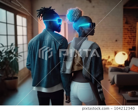 Beautiful Multiethnic Couple in Casual Outfits and Futuristic Neon Glowing Glasses, Dance and Have a Party at Home 104212340