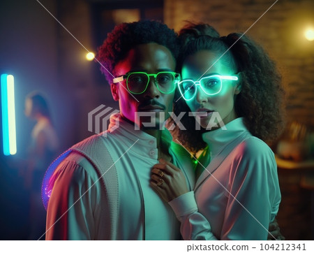 Beautiful Multiethnic Couple in Casual Outfits and Futuristic Neon Glowing Glasses, Dance and Have a Party at Home 104212341
