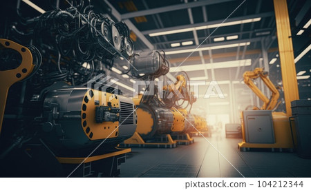 Smart industry robot arms for digital factory production technology showing automation manufacturing process of the Industry 4.0 or 4th industrial revolution and IOT software to control operation . 104212344