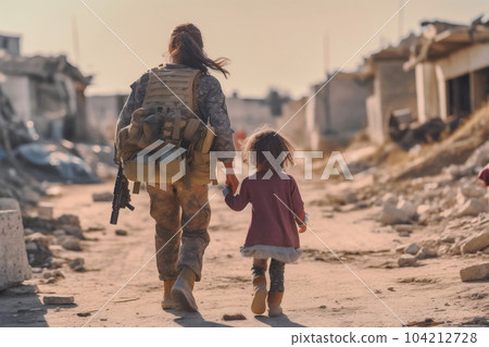 The back of a young girl with soldier, walking through a war zone with travel bag. AI Generative 104212728