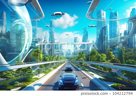 Futuristic smart green city concept, smart cars with automatic sensor driving on green road with wireless connection. AI Generative 104212794