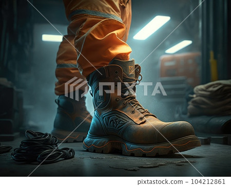 Protective worker boots on the background of production. Work clothes. Worker with safety boots steps on a acid. Generative AI 104212861