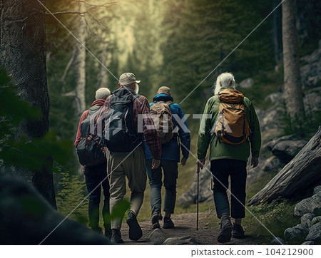Hiking, fitness and group of friends in forest for adventure, freedom and sports on mountain trail. Travel, retirement and back of senior hikers for exercise wellness, trekking workout. Generative AI 104212900