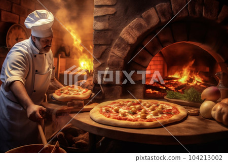 Italian chef is doing really Italian Pizza in the Traditional Firewood Stone Wood Fired Pizza Oven. AI Generative Italian chef is doing really Italian Pizza in the Traditional Firewood Stone Wood Fired Pizza Oven. AI Generative 104213002