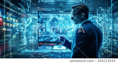 Man project office manager, working at evening in crystals lights office. Generative AI 104213010